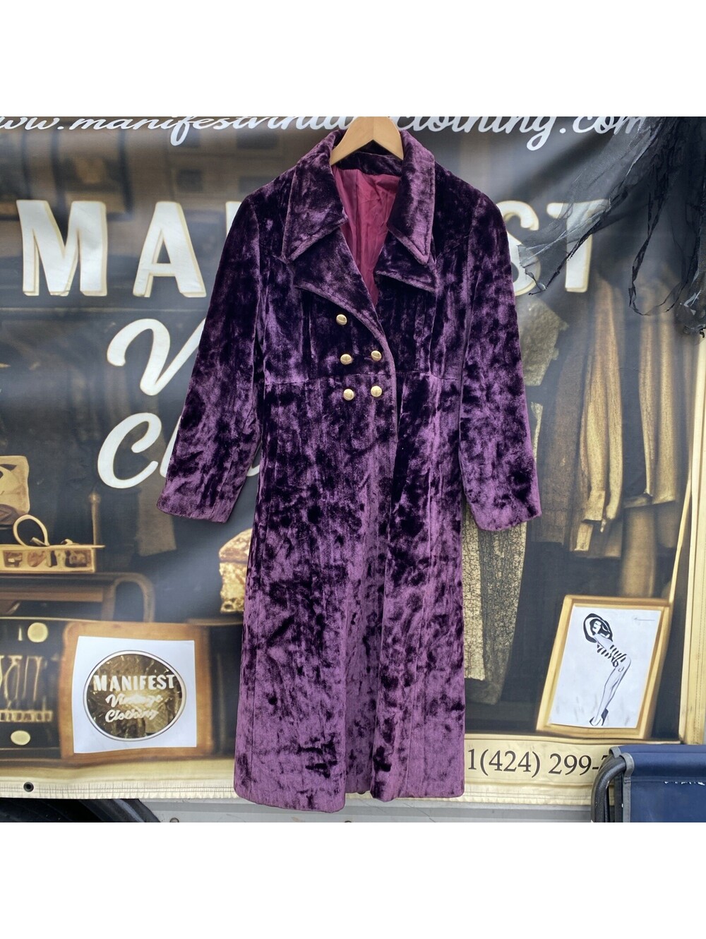 Vtg 1960s Crushed Velvet Purple Trench Coat Gold Buttons Dbl Breasted Mod S/M